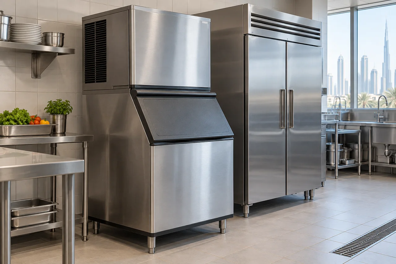 Commercial ice machine and upright refrigerator; service illustration